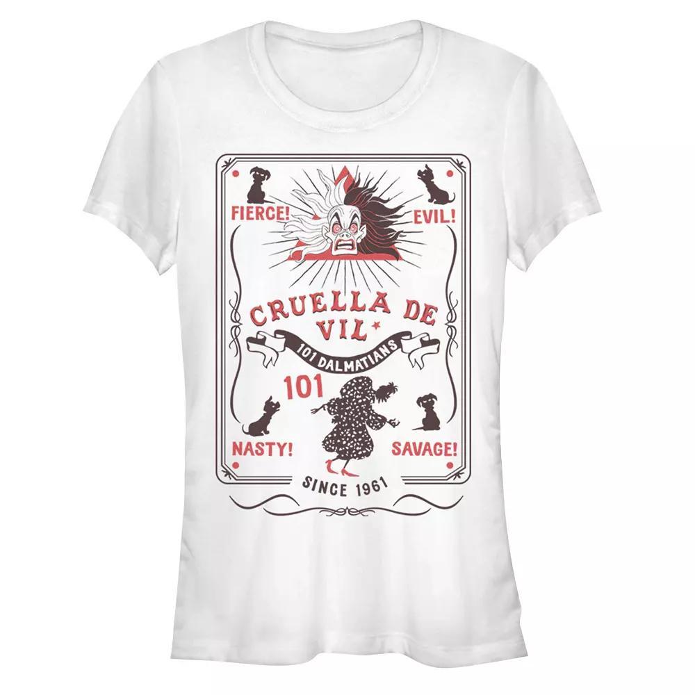 Disney Villains 101 Dalmatians Cruella De Vil Poster Juniors' Fitted Graphic Tee, Girl's, Size: XL, White Product Image
