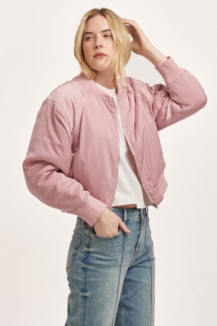 Samaria Zipper Front Long Sleeve Relaxed Fit Bomber Jacket Satin Pink Product Image