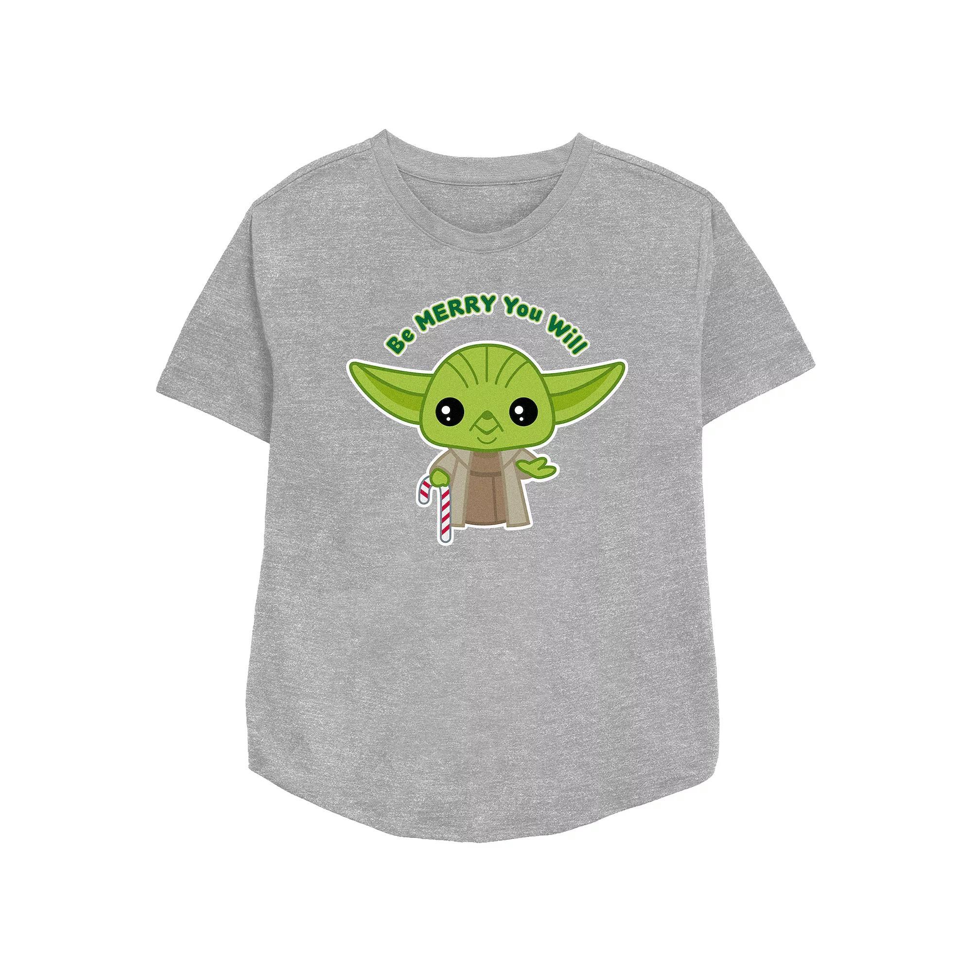 Women's Star Wars Yoda Be Merry You Will Relaxed Fit Graphic Tee, Size: XS, Athletic Grey Product Image