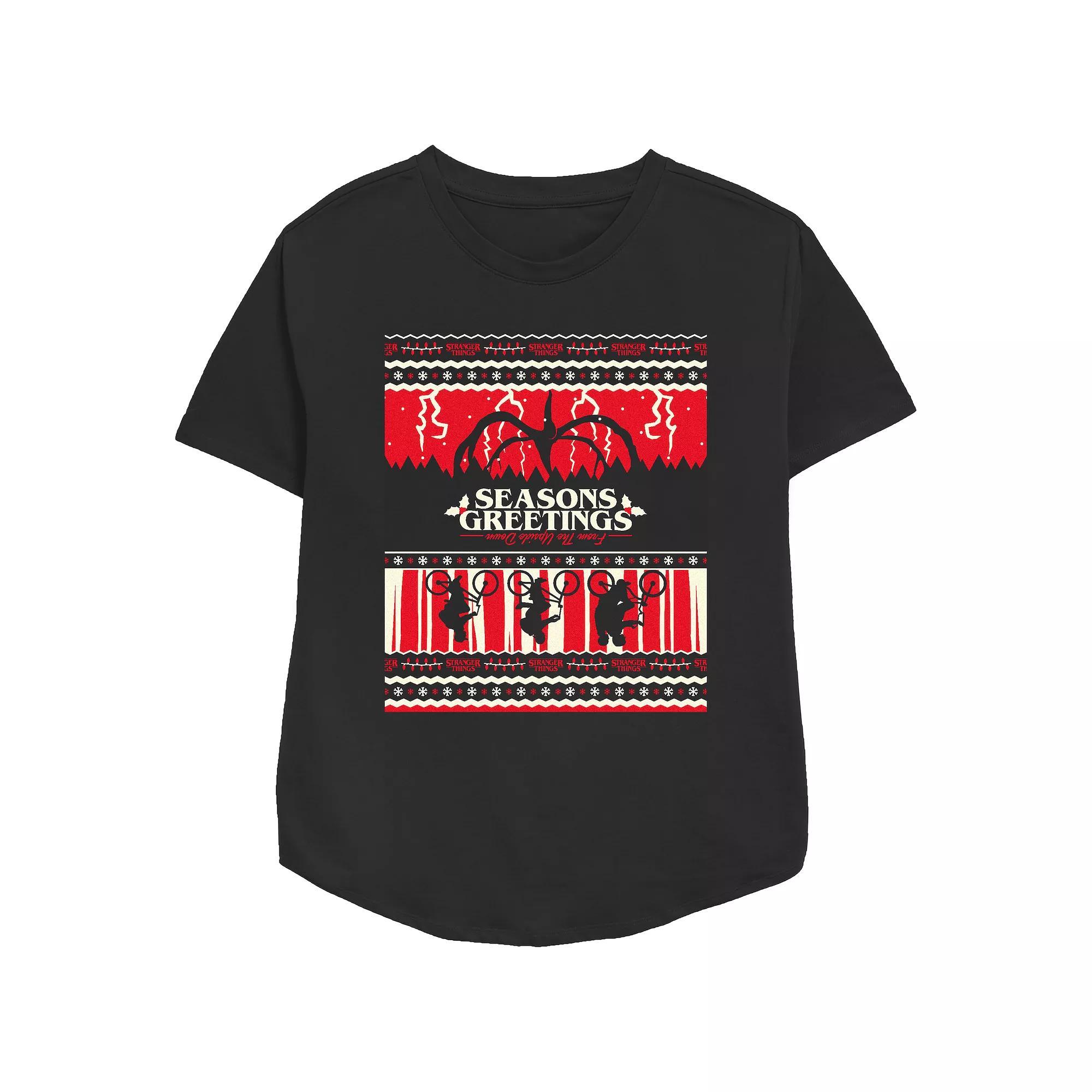 Women's Stranger Things Season's Greeting From The Upside Down Relaxed Fit Graphic Tee, Size: Medium, Black Product Image