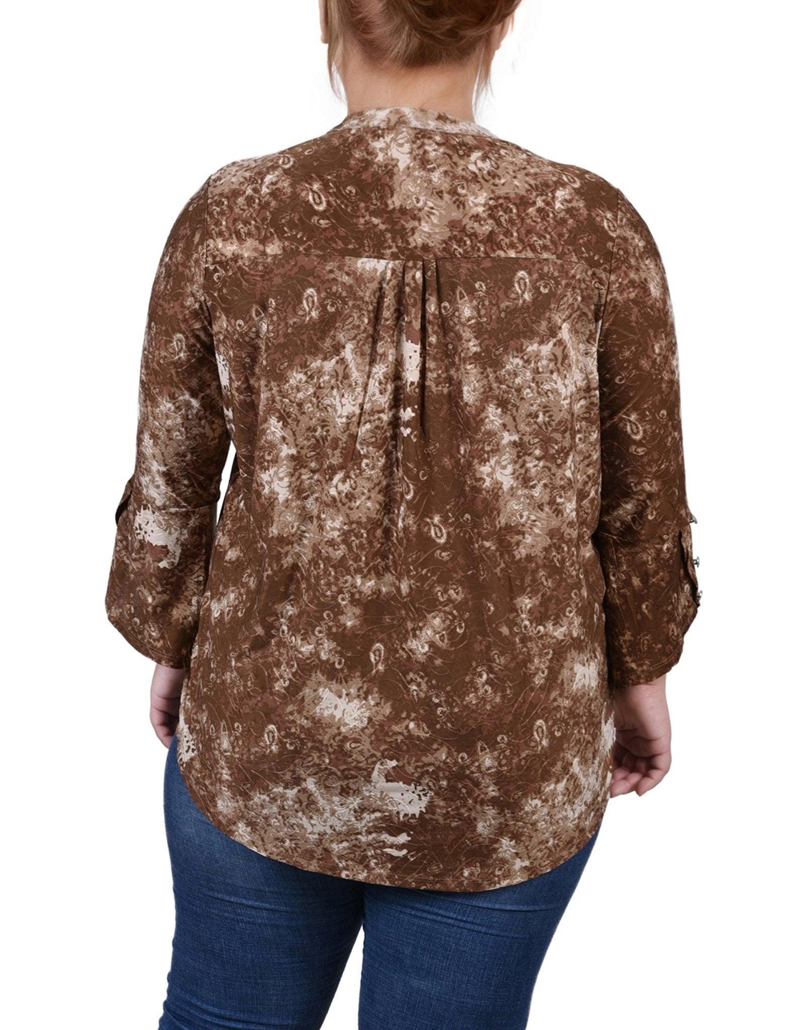 Taupe Geobreeze 3/4 Sleeve Overlapped Bell Sleeve Y Neck Top - Plus Product Image