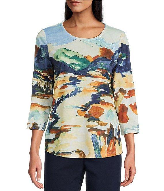 Allison Daley Deep Forest Autum Prairie Print Embellished 3/4 Sleeve Crew Neck Knit Art Tee Product Image