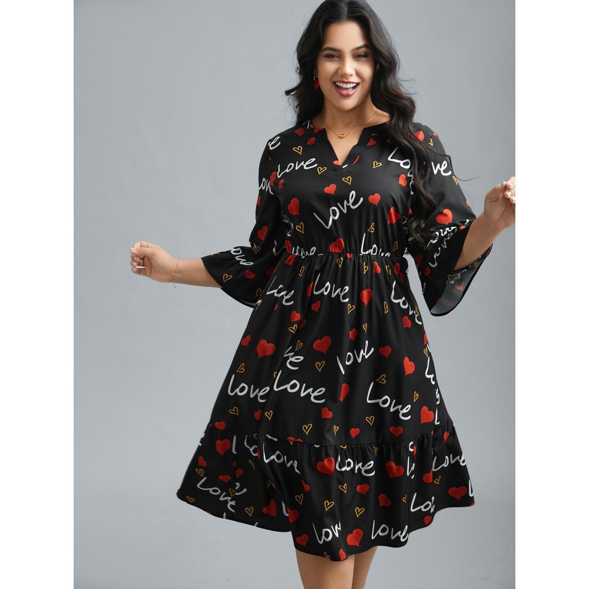 Plus Size Notched Collar Heart Print Tiered Midi Dress Black Women Elegant Non Flat collar with V-notch Elbow-length sleeve Curvy BloomChic 18-20/2X Product Image
