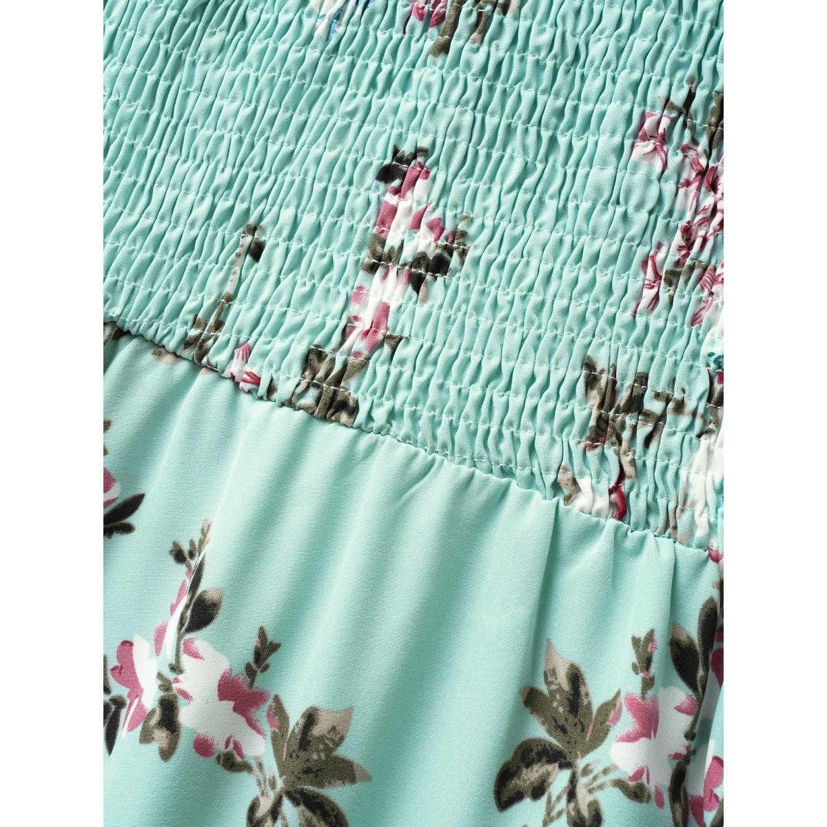 Plus Size Floral Square Neck Ruffles Pocket Shirred Split Dress Turquoise Women Elegant Non Square Neck Short sleeve Curvy BloomChic 10/M Product Image