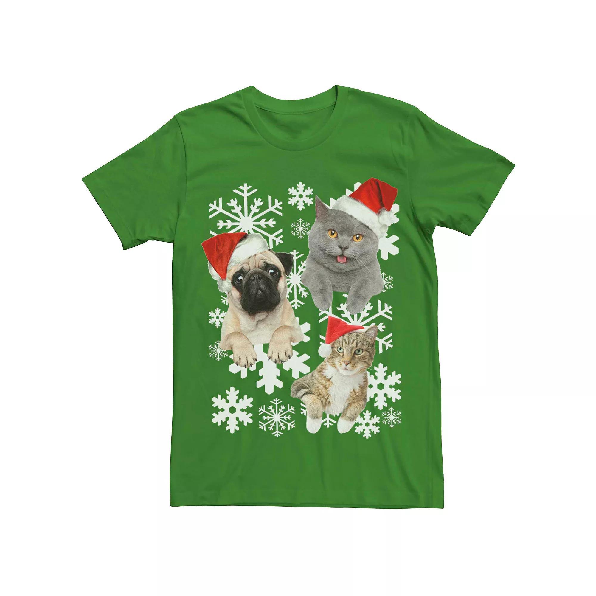 Men's Christmas Cats And Dog Snowflakes Graphic Tee, Size: XL, Kelly Product Image