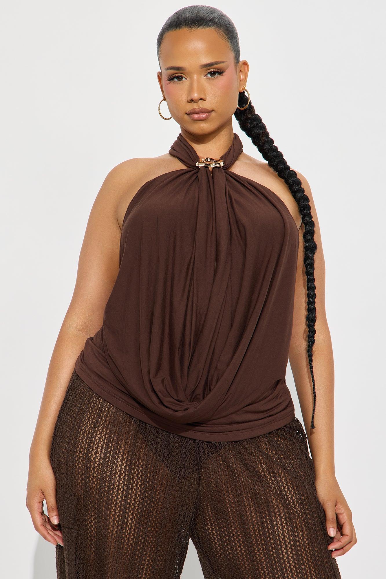 Dreamcatcher Draped Halter Top - Chocolate Product Image