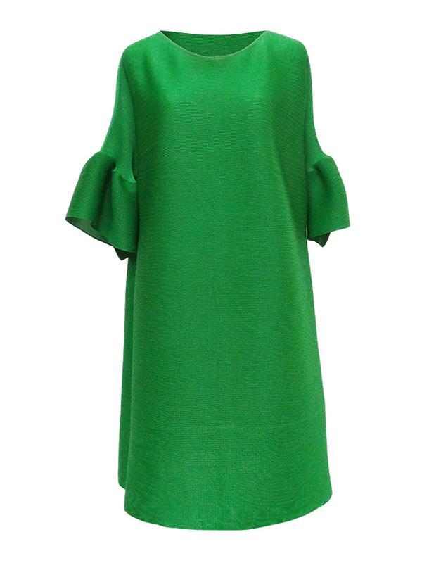 Stylish Selection Flared Sleeves A-Line Pleated Solid Color Round-Neck Midi Dresses Product Image