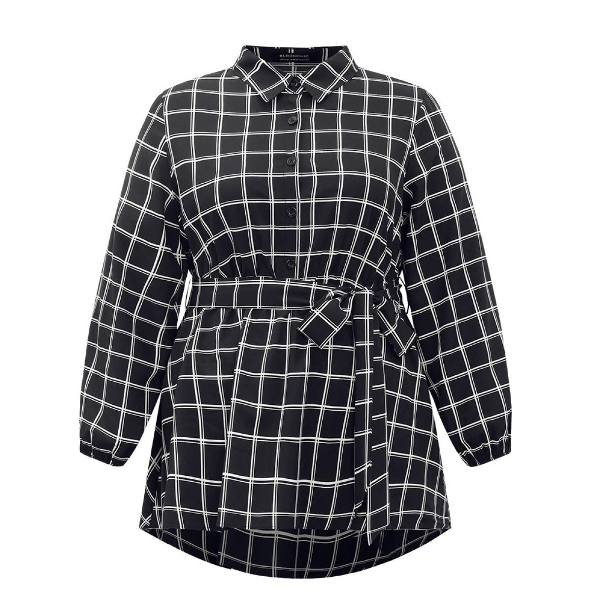 Plus Size Black Plaid Button Up Belted High Low Hem Blouse Women Office Long Sleeve Shirt collar Work Blouses BloomChic 30/6X Product Image
