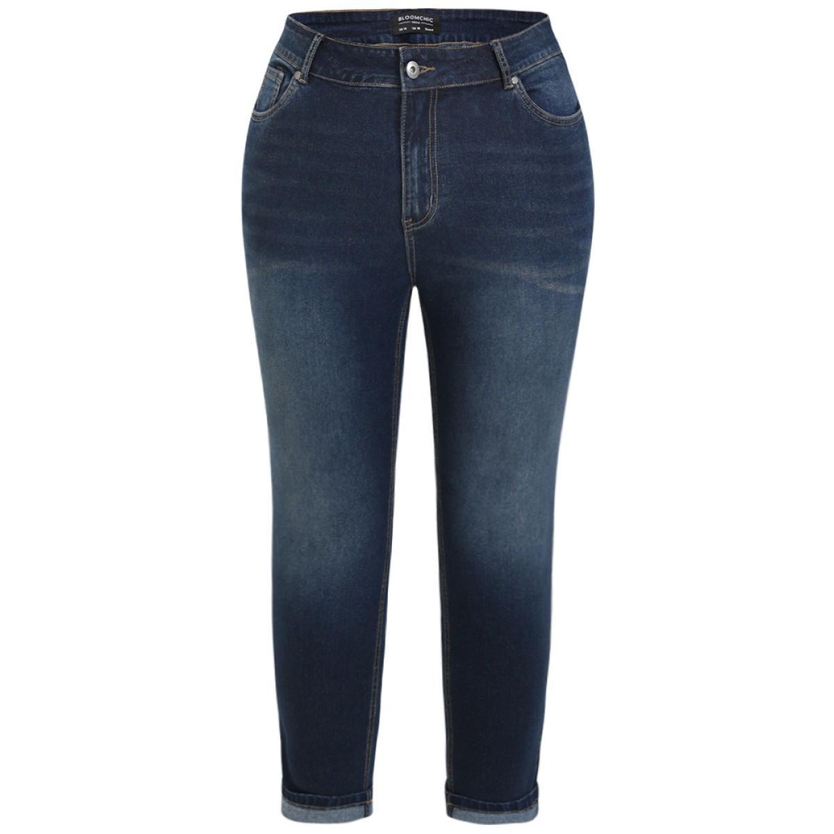 Plus Size Very Stretchy Pocket Dark Wash Roll Hem Jeans Women Midnight Casual Plain Roll Hem High stretch Pocket Jeans BloomChic 20/2X Product Image