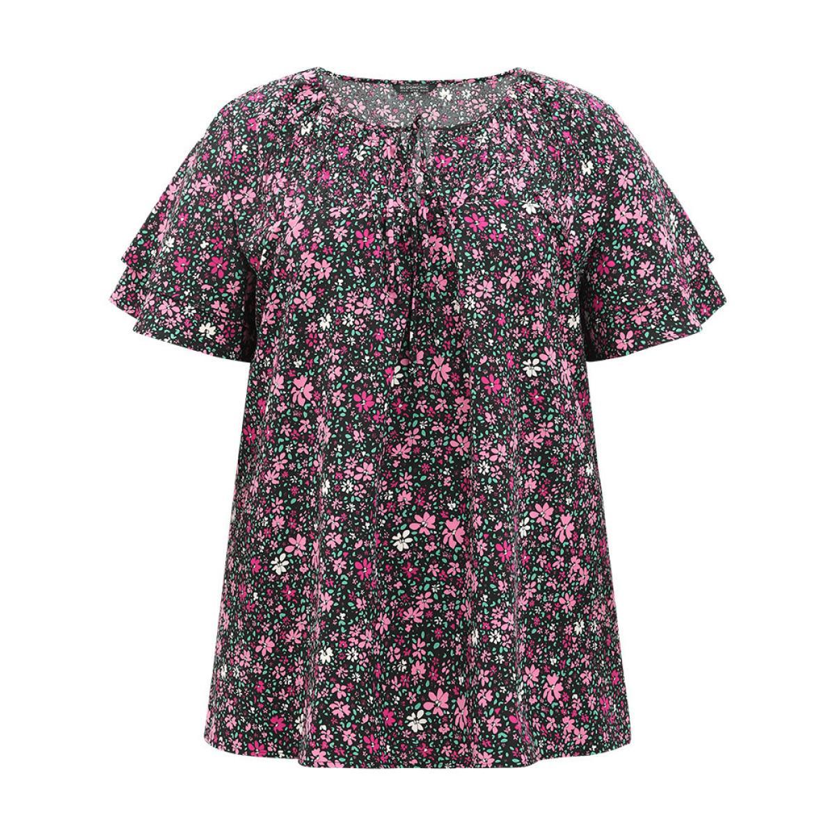 Plus Size BlackFlower Ditsy Floral Knot Neck Flutter Sleeve Layered Blouse Women Elegant Short sleeve Tie Neck Dailywear Blouses BloomChic 30/6X Product Image