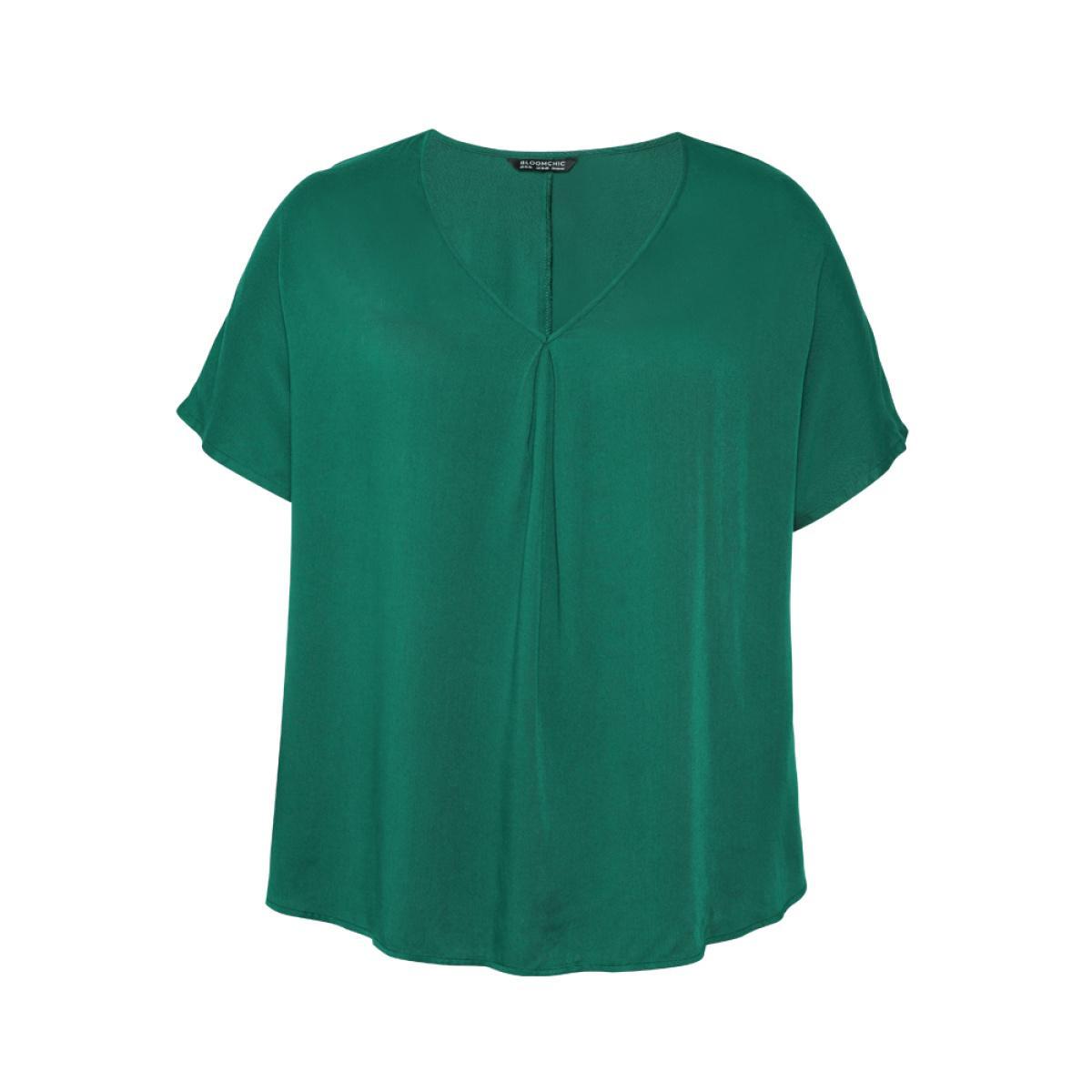Plus Size ArmyGreen Plain Plicated Detail Batwing Sleeve Curved Hem Blouse Women Office Short sleeve V-neck Work Blouses BloomChic 12/L Product Image