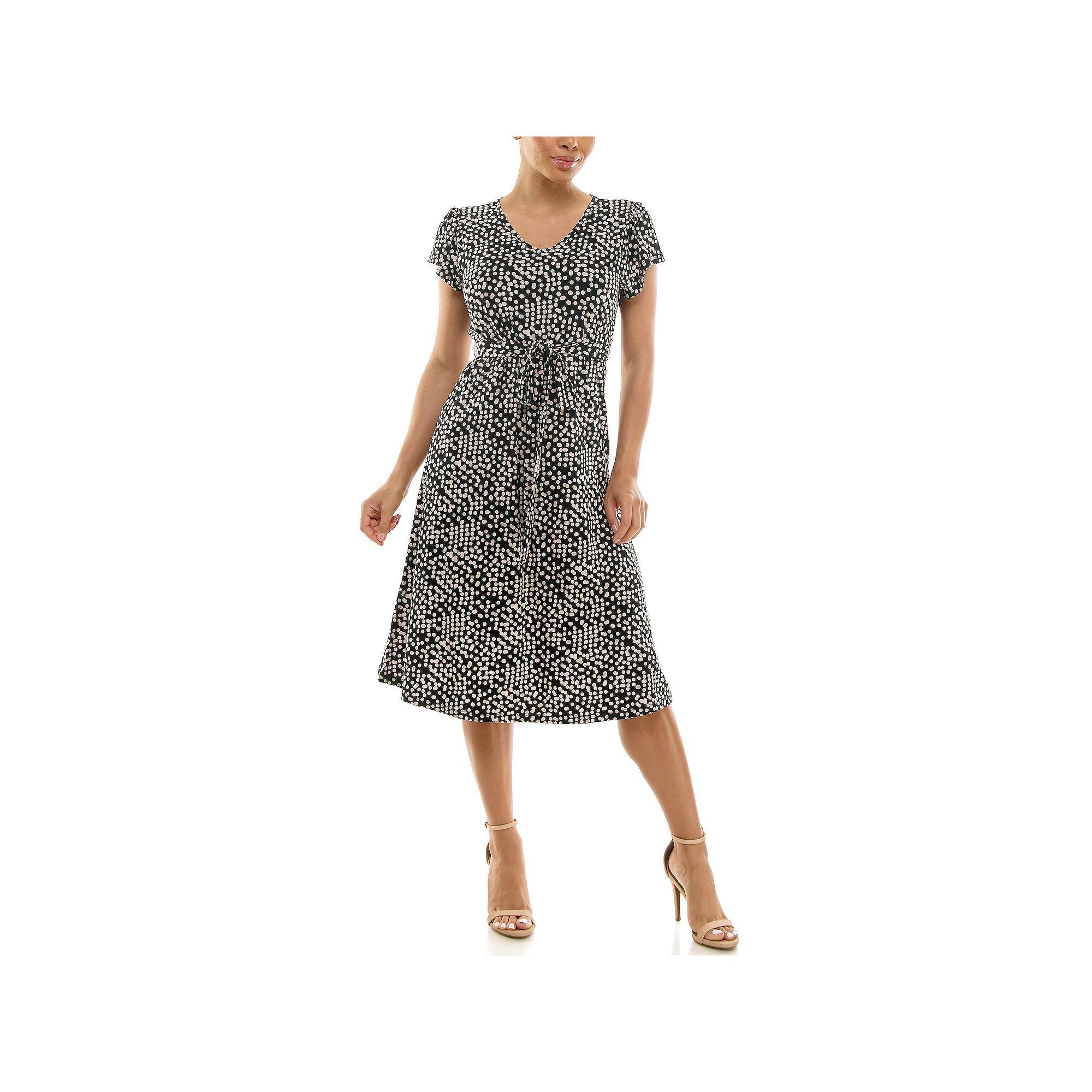 Women's Nina Leonard V-Neck Self Sash Dress, Size: Large, Black Red Product Image