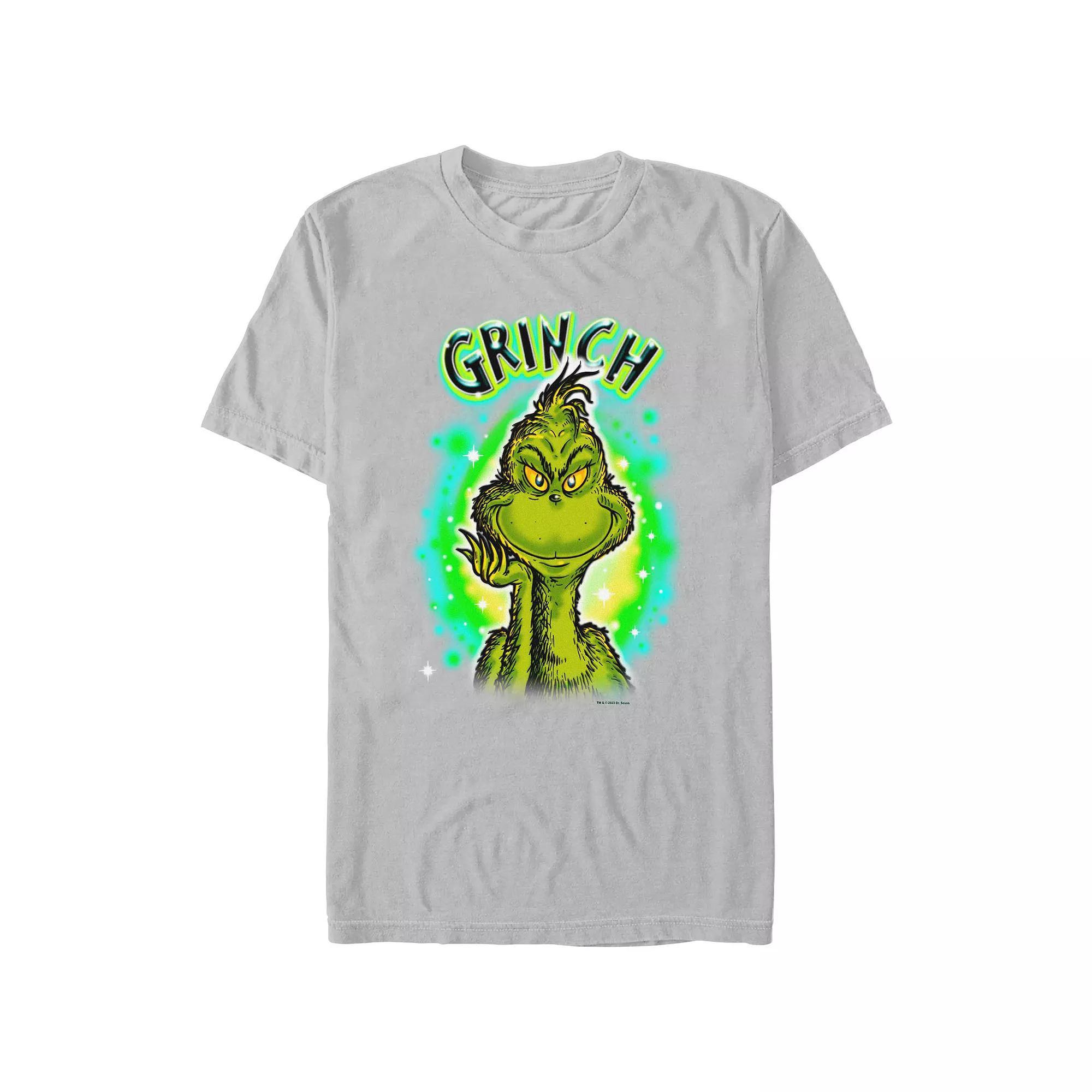Men's Dr. Seuss Grinch Airbrush Background Graphic Tee, Size: Small, White Product Image