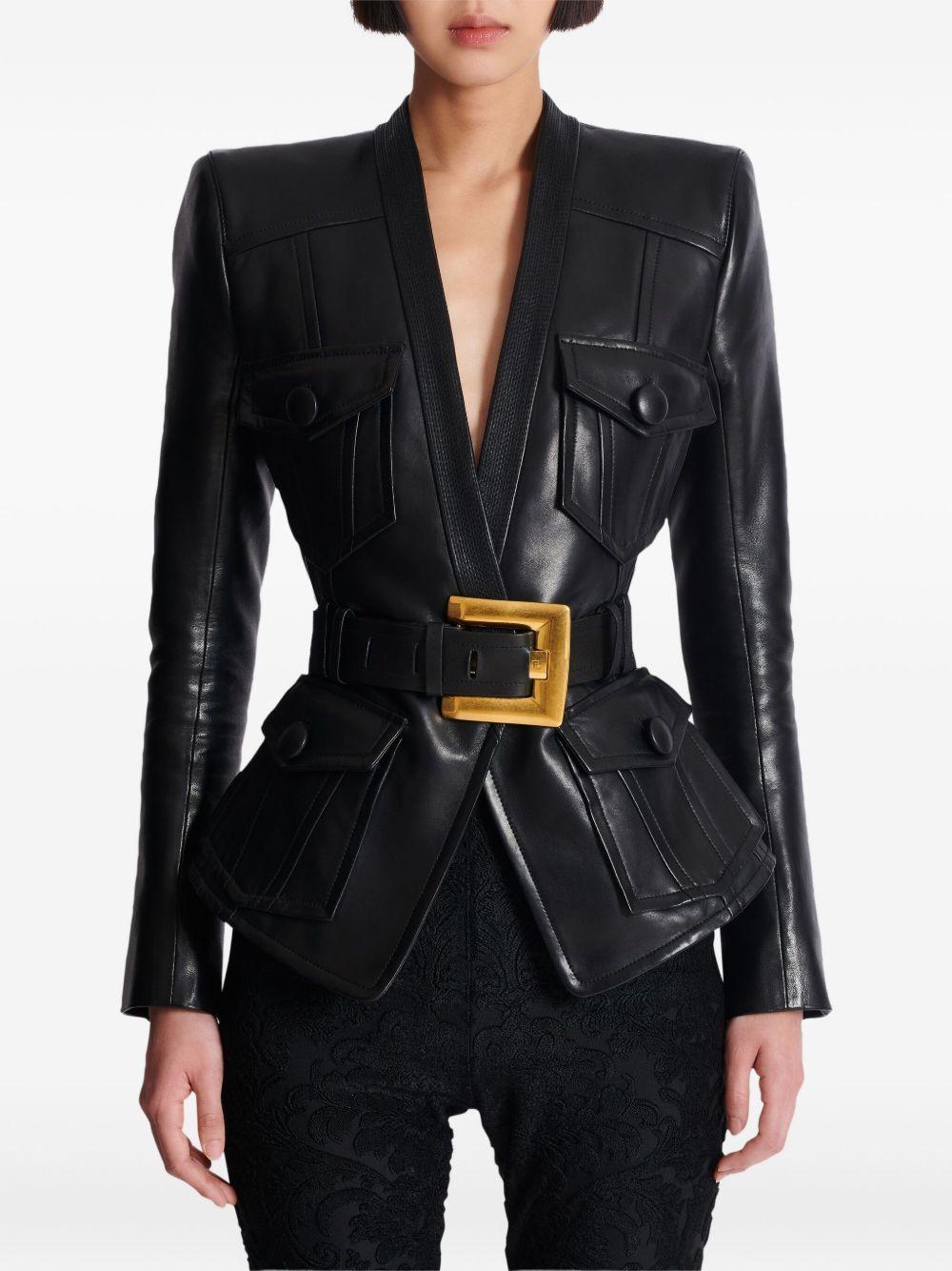 belted leather jacket Product Image