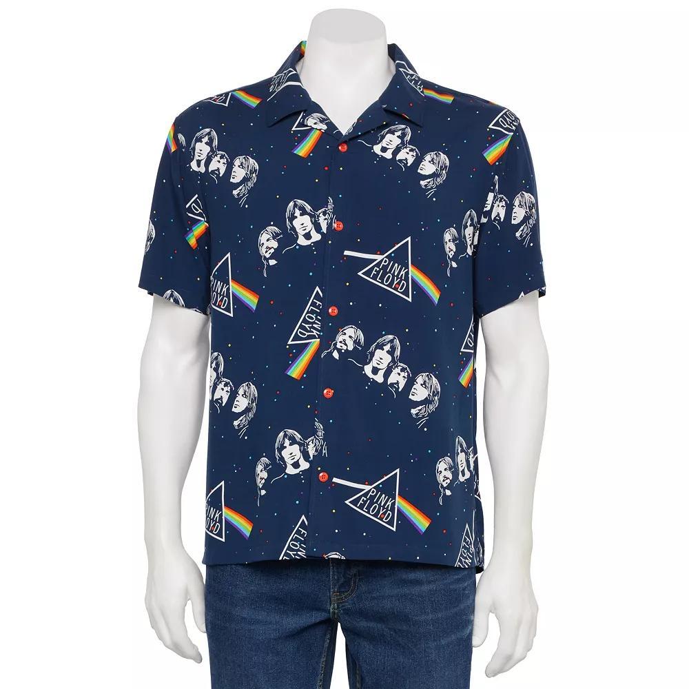 Men's Pink Floyd Dark Side of the Moon Short Sleeve Button Down Shirt, Size: Medium, Blue Product Image