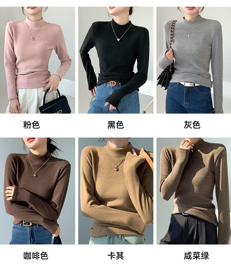 Long-Sleeve Mock Neck Fleece Lined Plain Top Product Image