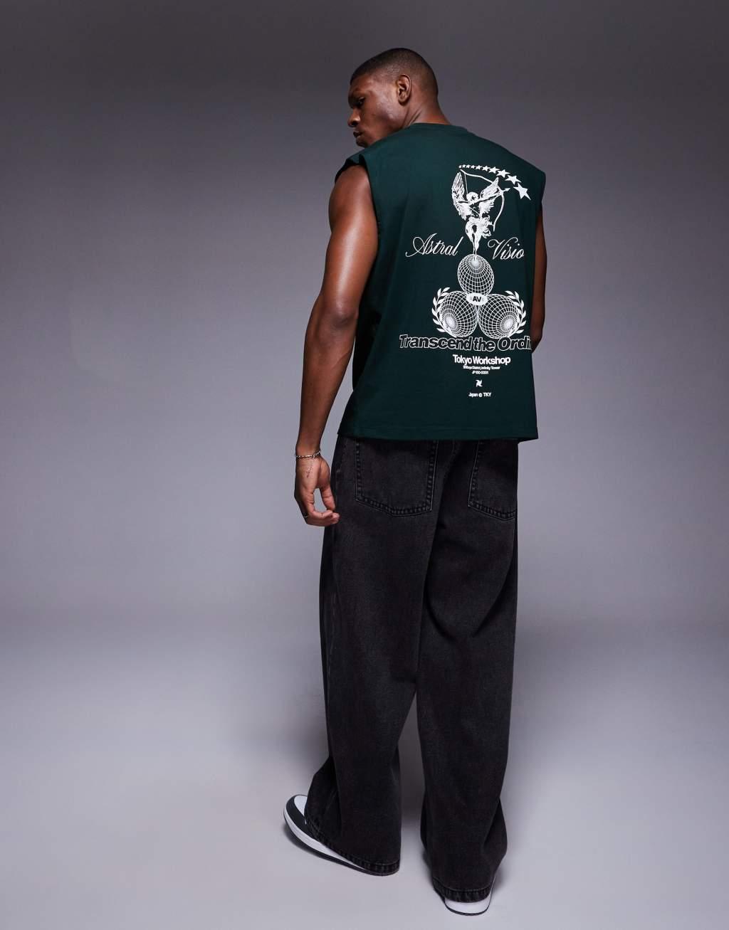 ASOS DESIGN boxy oversized tank with front and back print in dark green Product Image