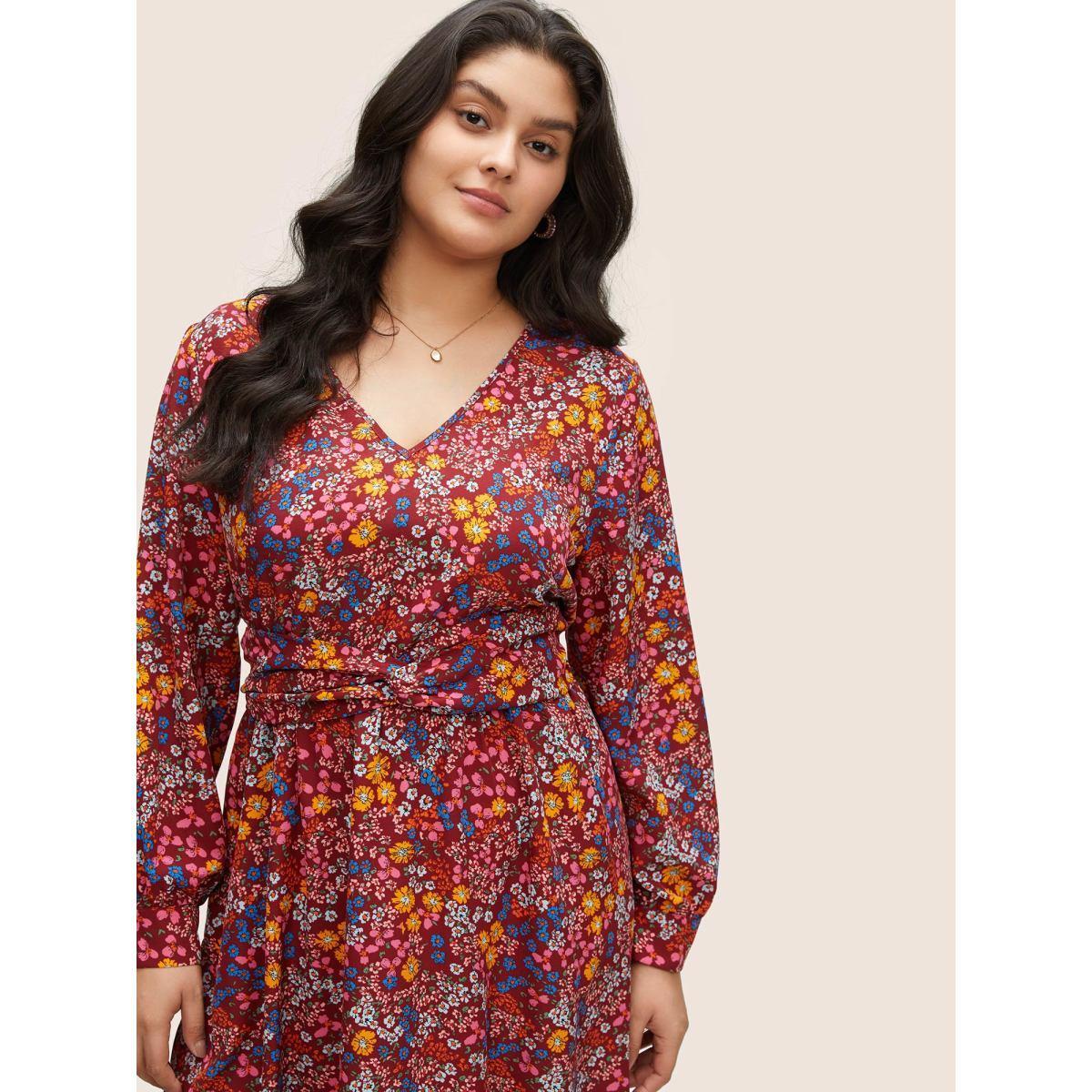 Plus Size Ditsy Floral Twist Front Lantern Sleeve Dress Maroon Women Elegant Non V-neck Long Sleeve Curvy Midi Dress BloomChic 14-16/1X Product Image