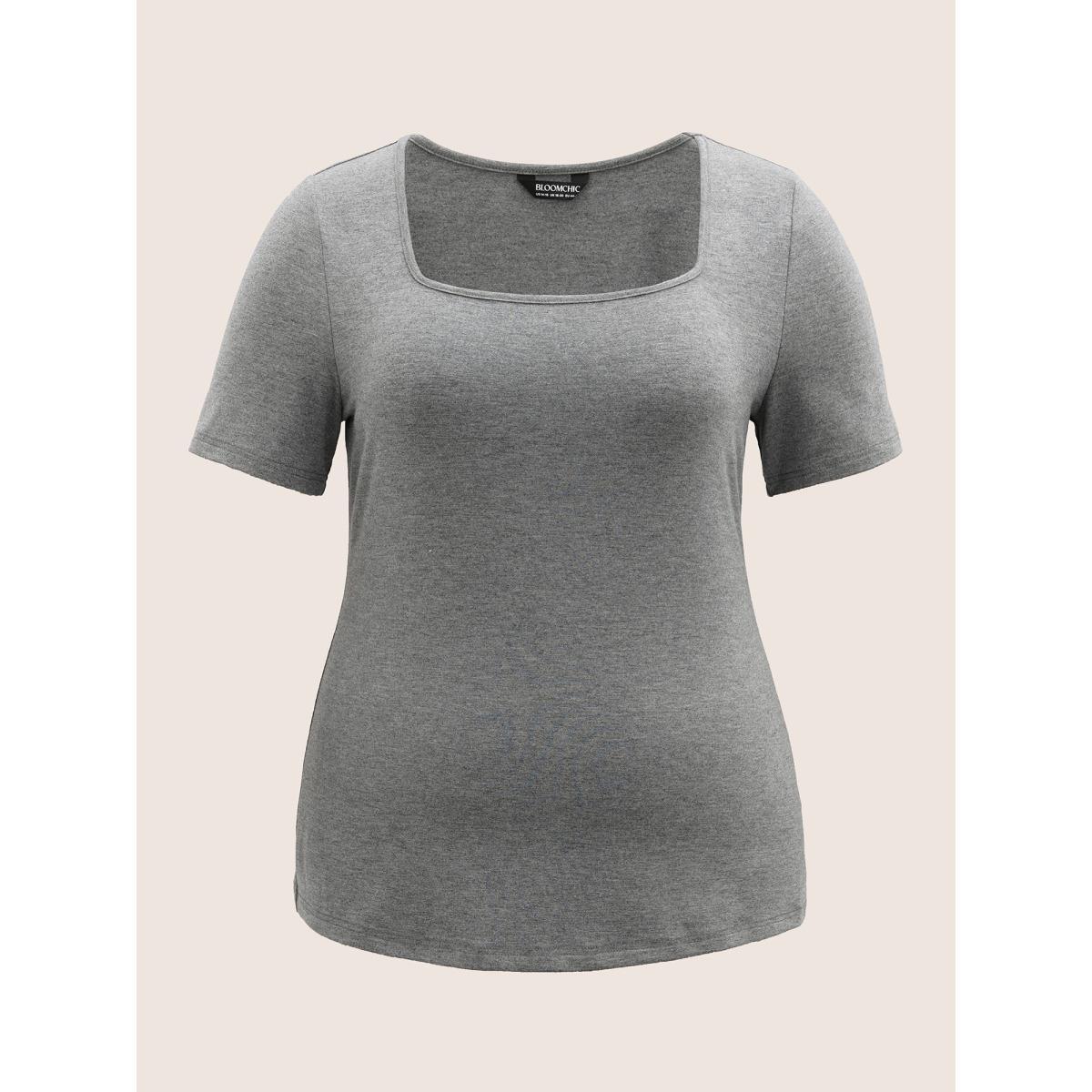 Plus Size Supersoft Essentials Solid Square Neck Knit T-shirt DimGray Women Basics Non Square Neck Bodycon Everyday T-shirts BloomChic 22-24/3X Product Image