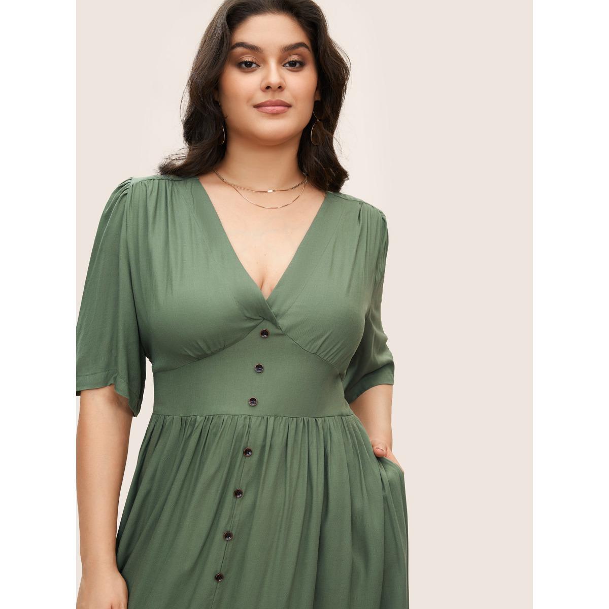 Plus Size Plunging Neck Button Detail Pocket Maxi Dress ArmyGreen Women Resort Gathered V-neck Short sleeve Curvy Long Dress BloomChic 16/1X Product Image