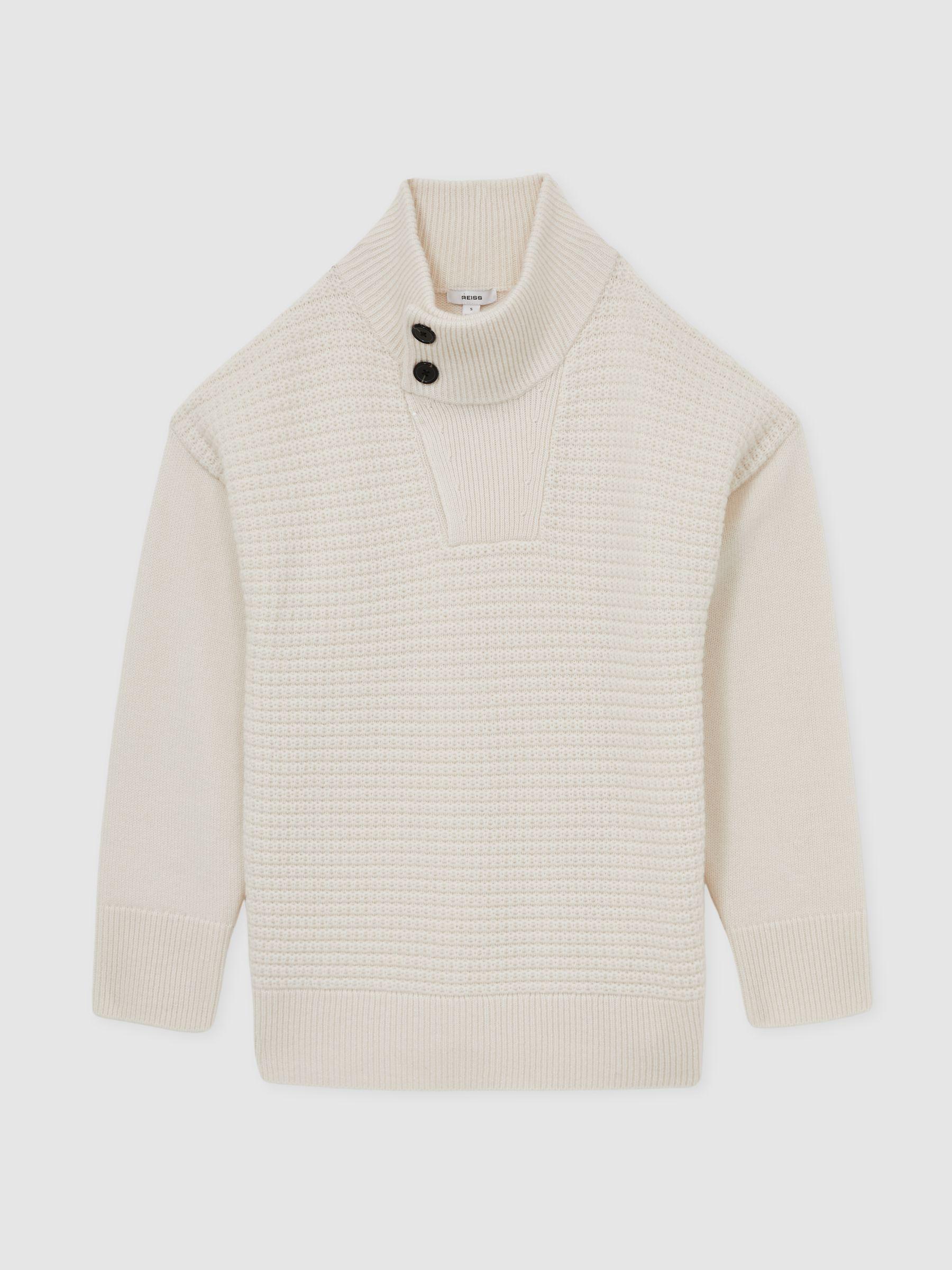 Wool-Cashmere Button-Neck Jumper in White Product Image
