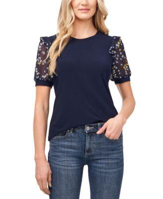 CeCe Womens Scattered Daisy Short Puff Sleeve Knit Top Product Image