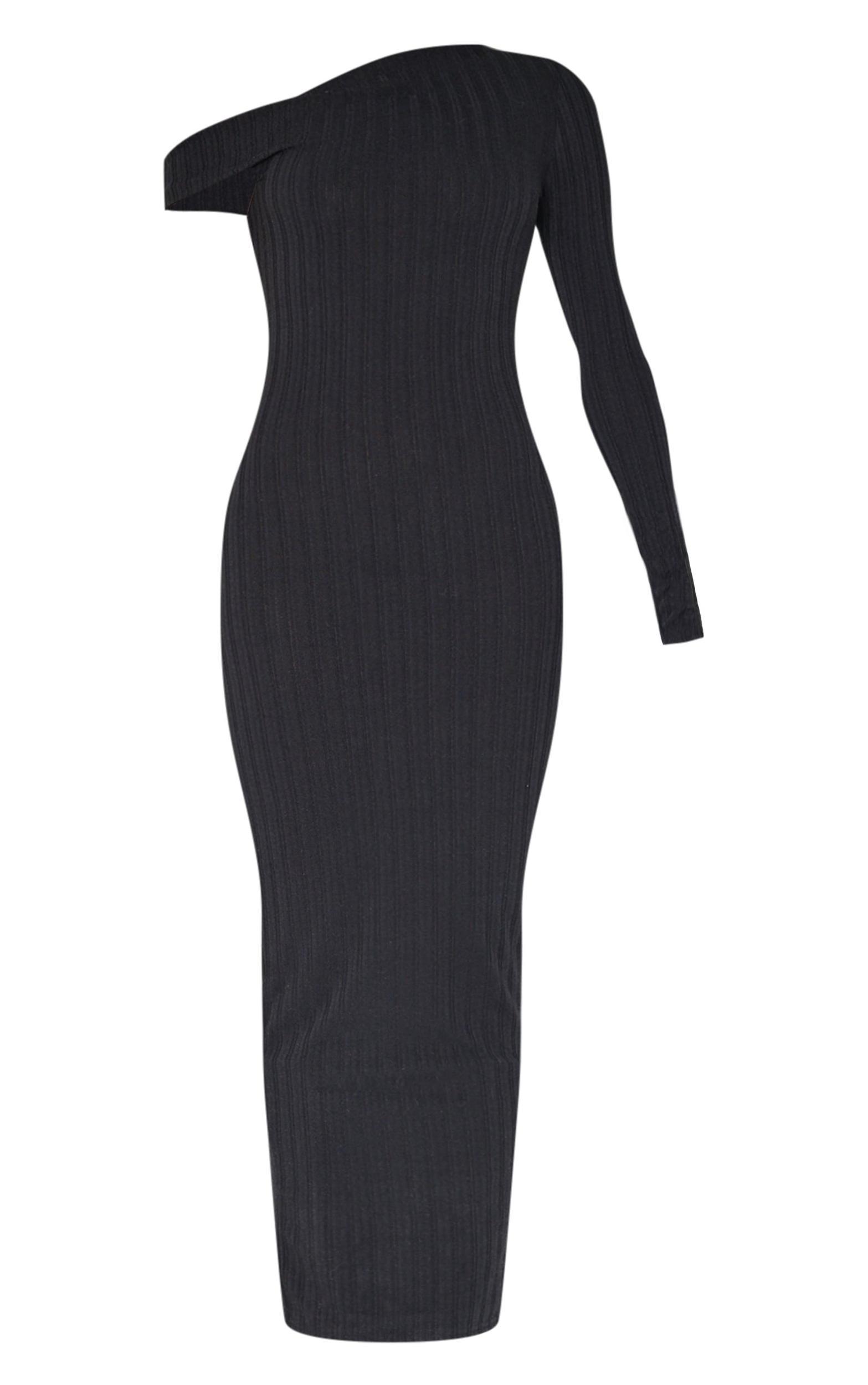 Black Ribbed Asymmetric Maxi Dress Product Image