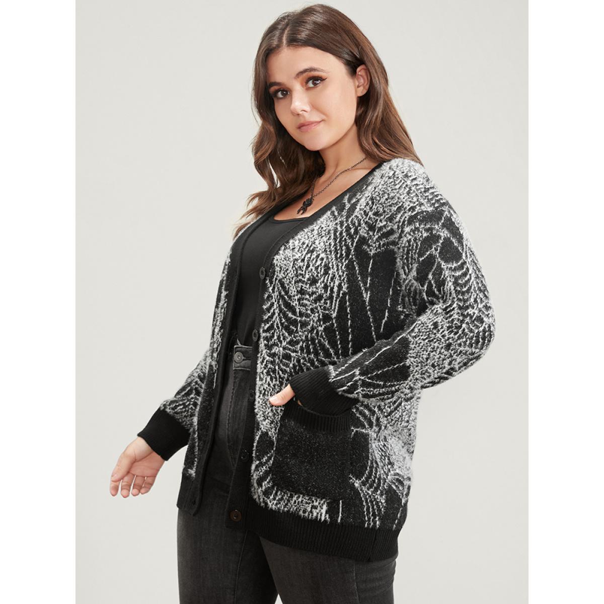 Plus Size Spider Web Plush Knit Pocket Button Front Cardigan BlackFlower Women Elegant Loose Long Sleeve Dailywear Cardigans BloomChic 12/L Product Image