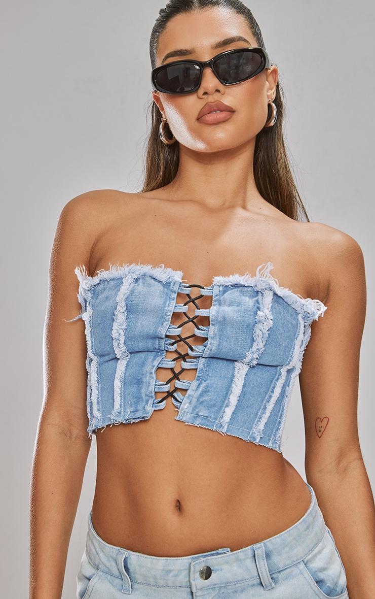Mid Blue Wash Lace Front Distressed Edge Denim Bandeau Top Product Image