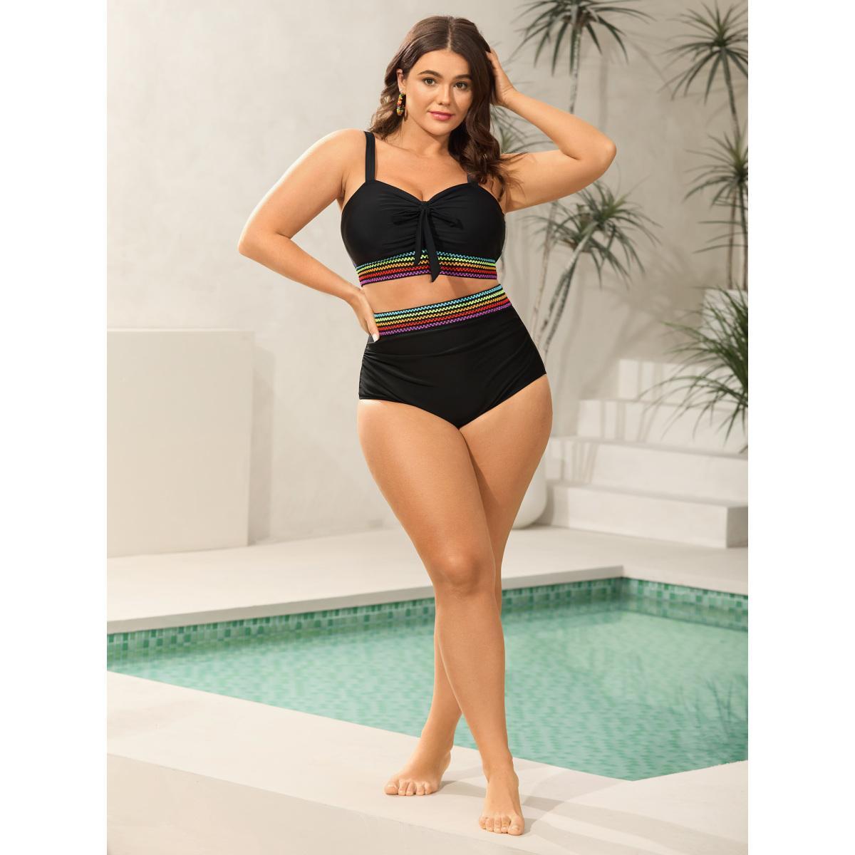Plus Size Colorful Webbed Tight-Fit Swim Bottoms Women's Swimwear Black Beach Woven ribbon&lace trim High stretch Skinny High Rise Curve Swim Bottoms BloomChic 12/L Product Image