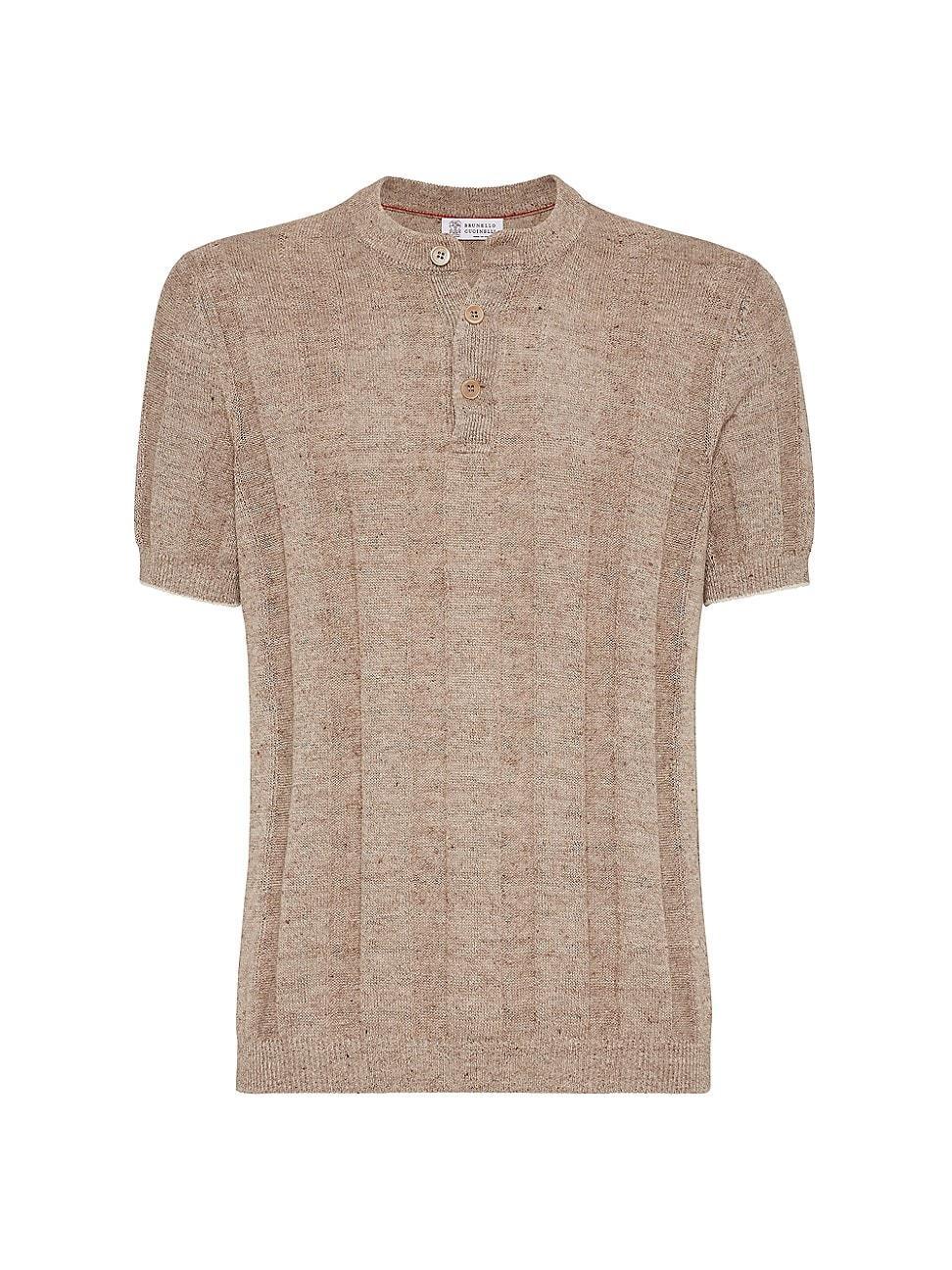 Mens Linen and Cotton Textured Rib Knit T-Shirt with Henley Collar Product Image