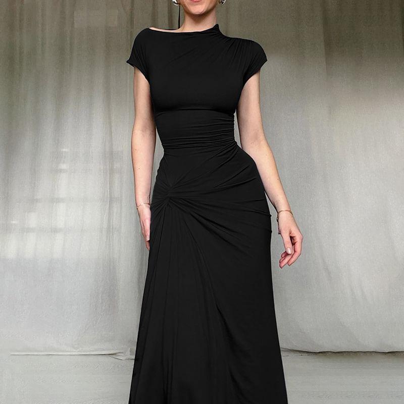 Short-Sleeve Asymmetrical Neck Plain Ruched Side-Slit Maxi Sheath Dress Product Image