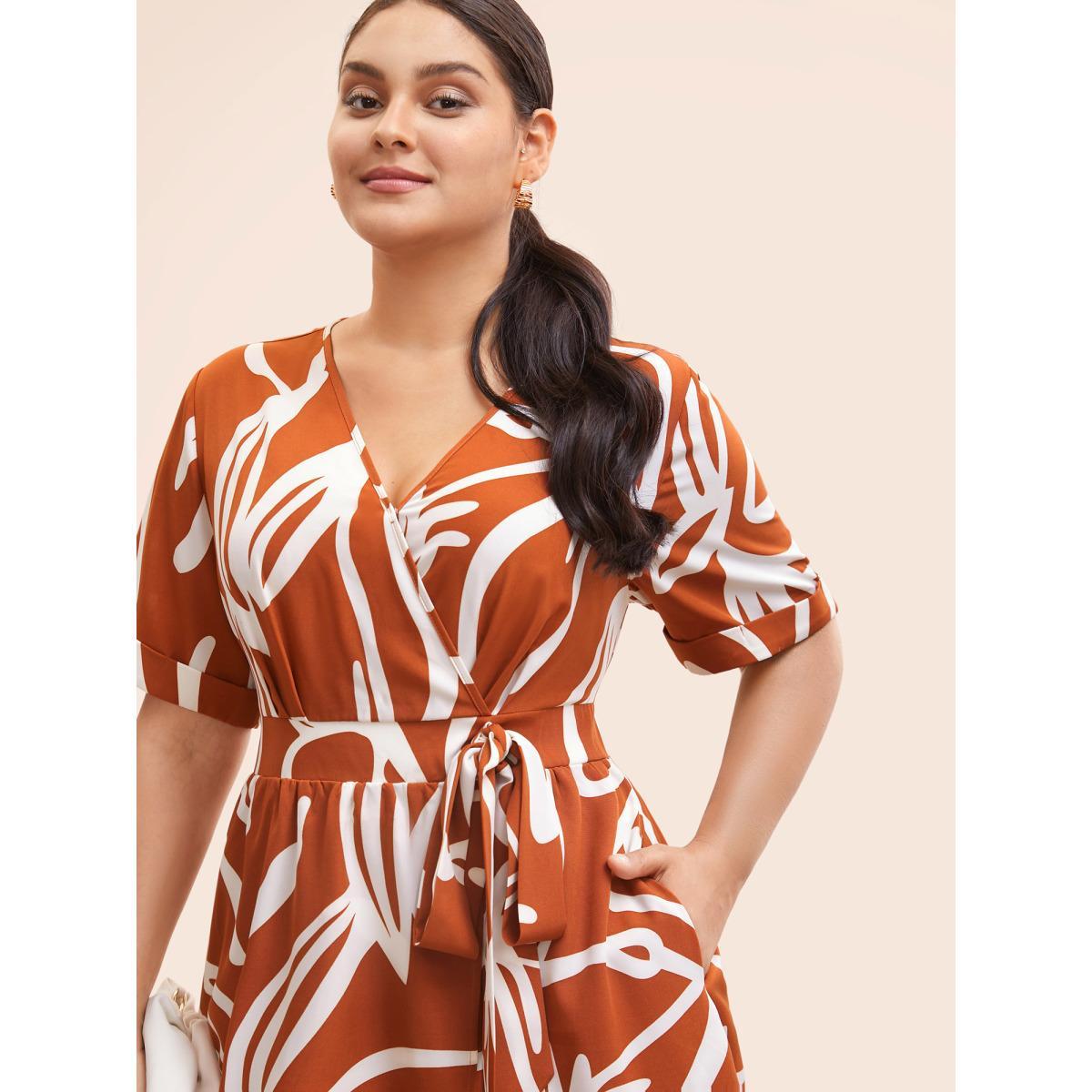 Plus Size Graffiti Overlap Collar Shirred Midi Dress Coral Women At the Office Overlapping Overlap Collar Short sleeve Curvy BloomChic 10/M Product Image