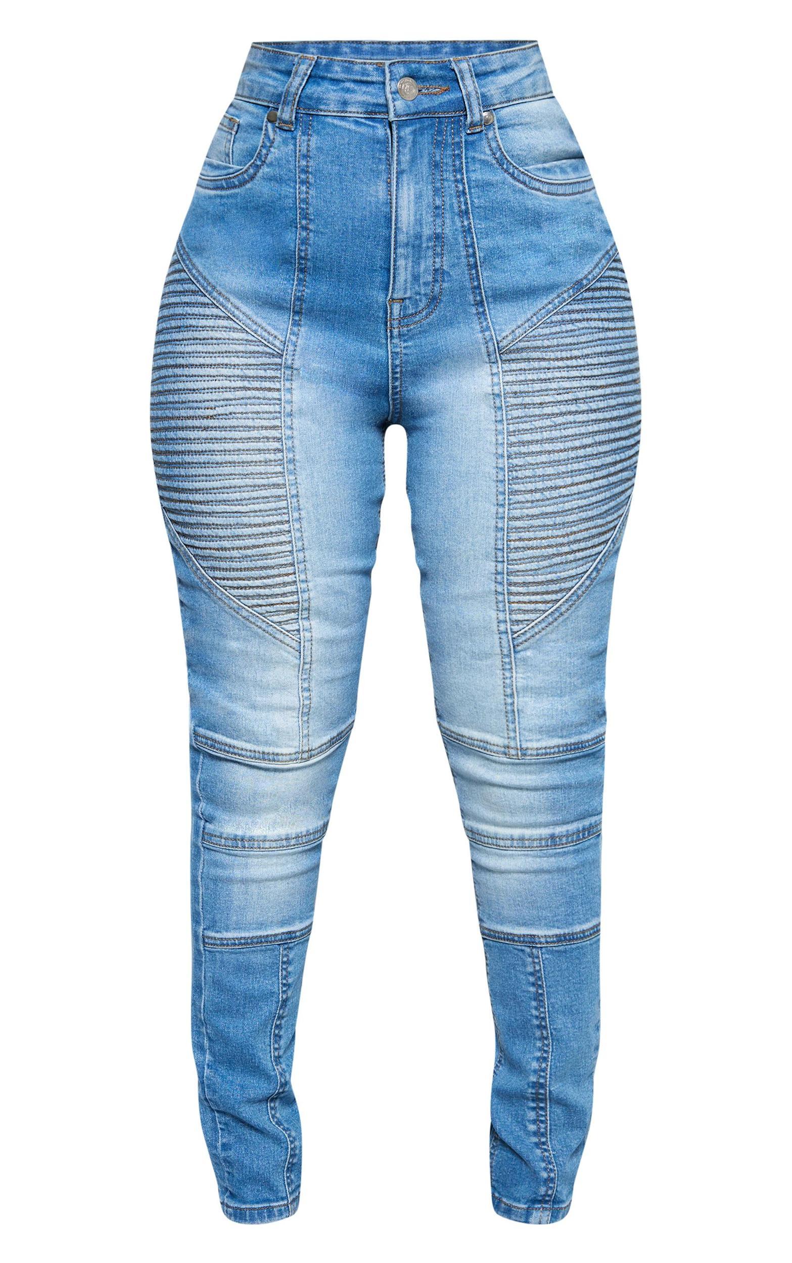 Shape Light Blue Stretch Denim Seam Biker Skinny Jeans Product Image