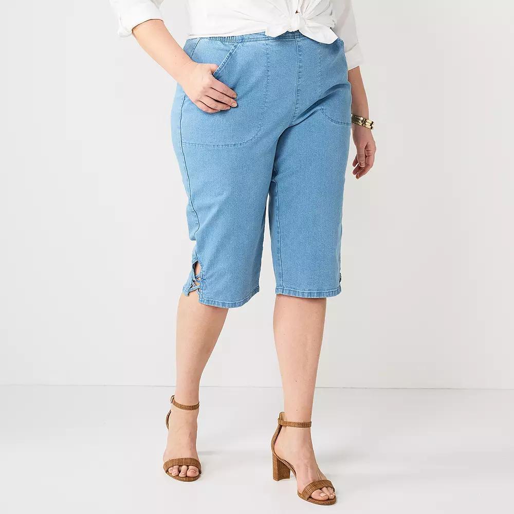 Plus Size Croft & Barrow® Lattice-Hem Pull-On Mid-Rise Skimmer Jeans, Women's, Size: 0X, Light Blue Product Image