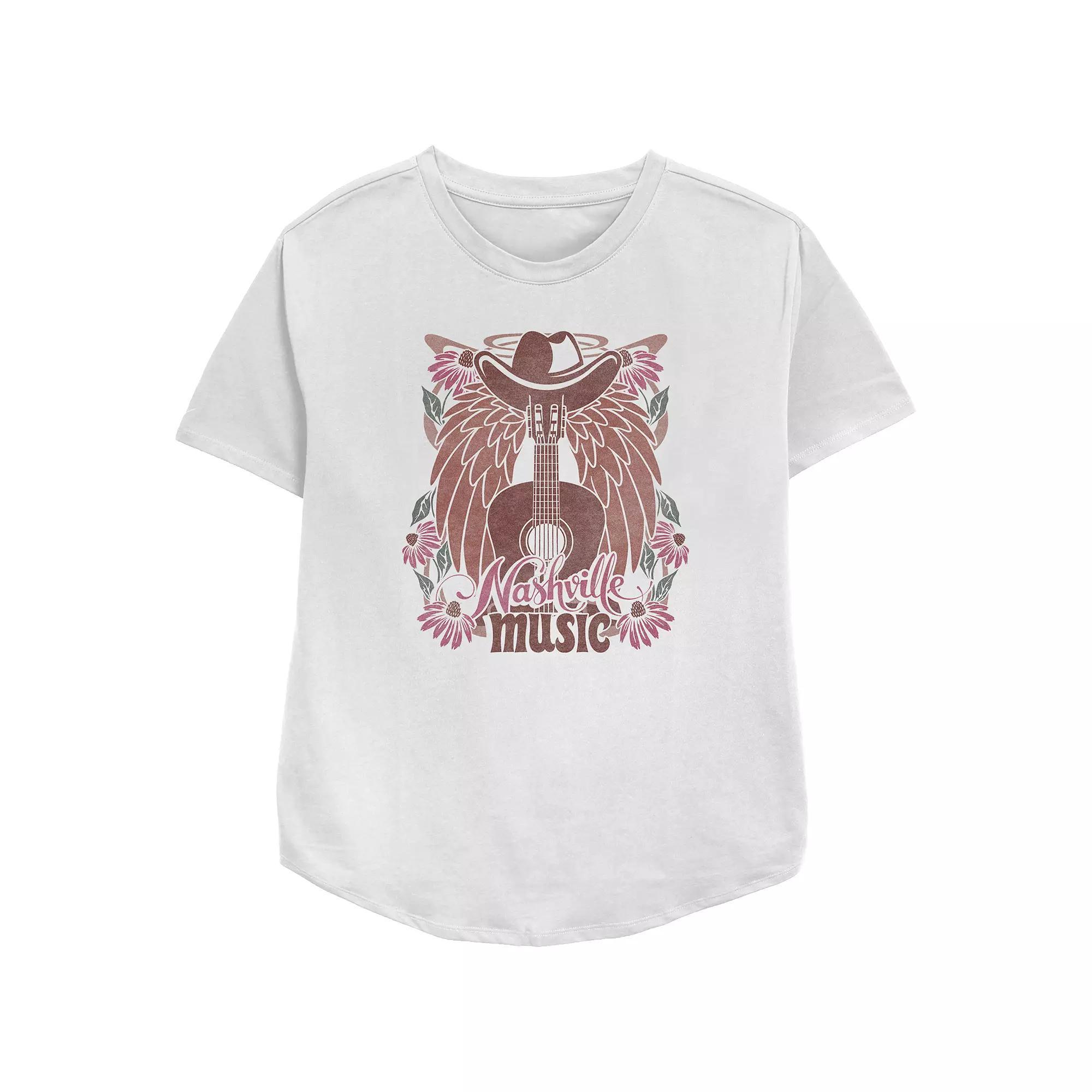 Women's Nashville Music Cowboy Hat Guitar Wings Flowers Relaxed Fit Graphic Tee, Girl's, Size: Medium, White Product Image