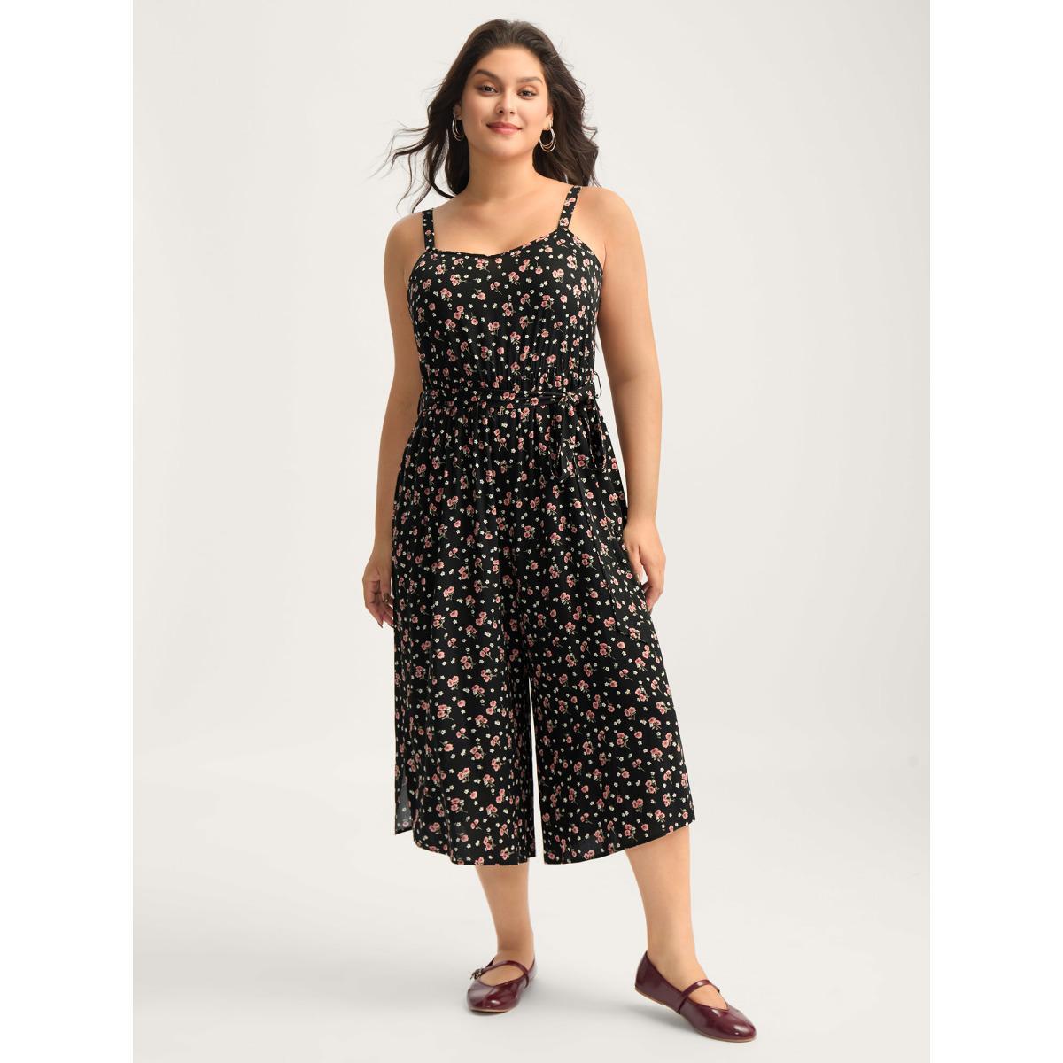 Plus Size Black Romantic Florals Belted Pockets Jumpsuit Women Sleeveless Heart neckline Everyday-Casual Loose Jumpsuits BloomChic 14-16/1X Product Image