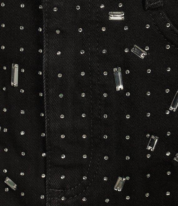 Gianni Bini Ava Faded Black Wash Denim Rhinestone High Rise Front Split Hem Mini Pencil Skirt Product Image