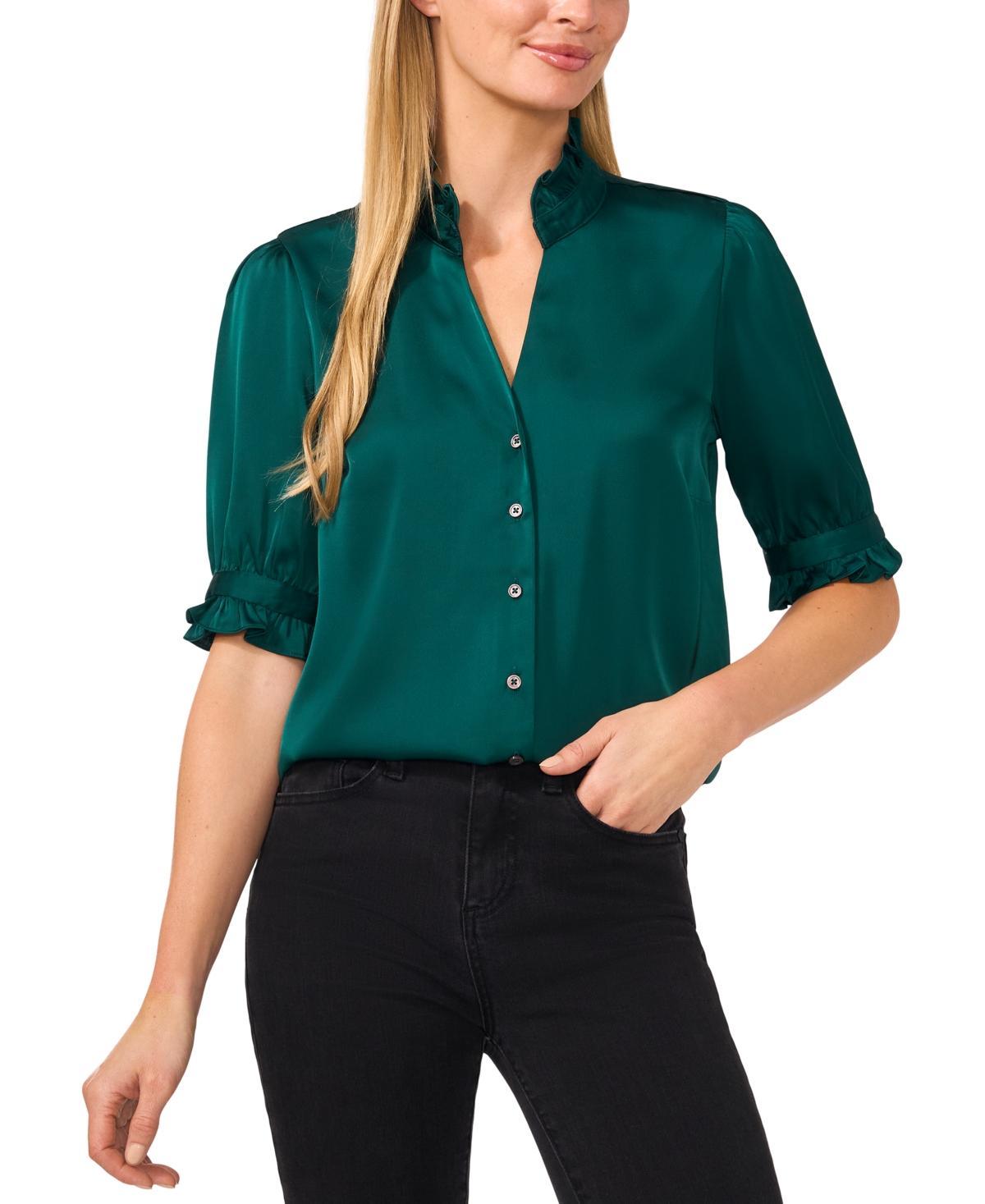 CeCe Womens Puff-Sleeve Button-Front Blouse Product Image