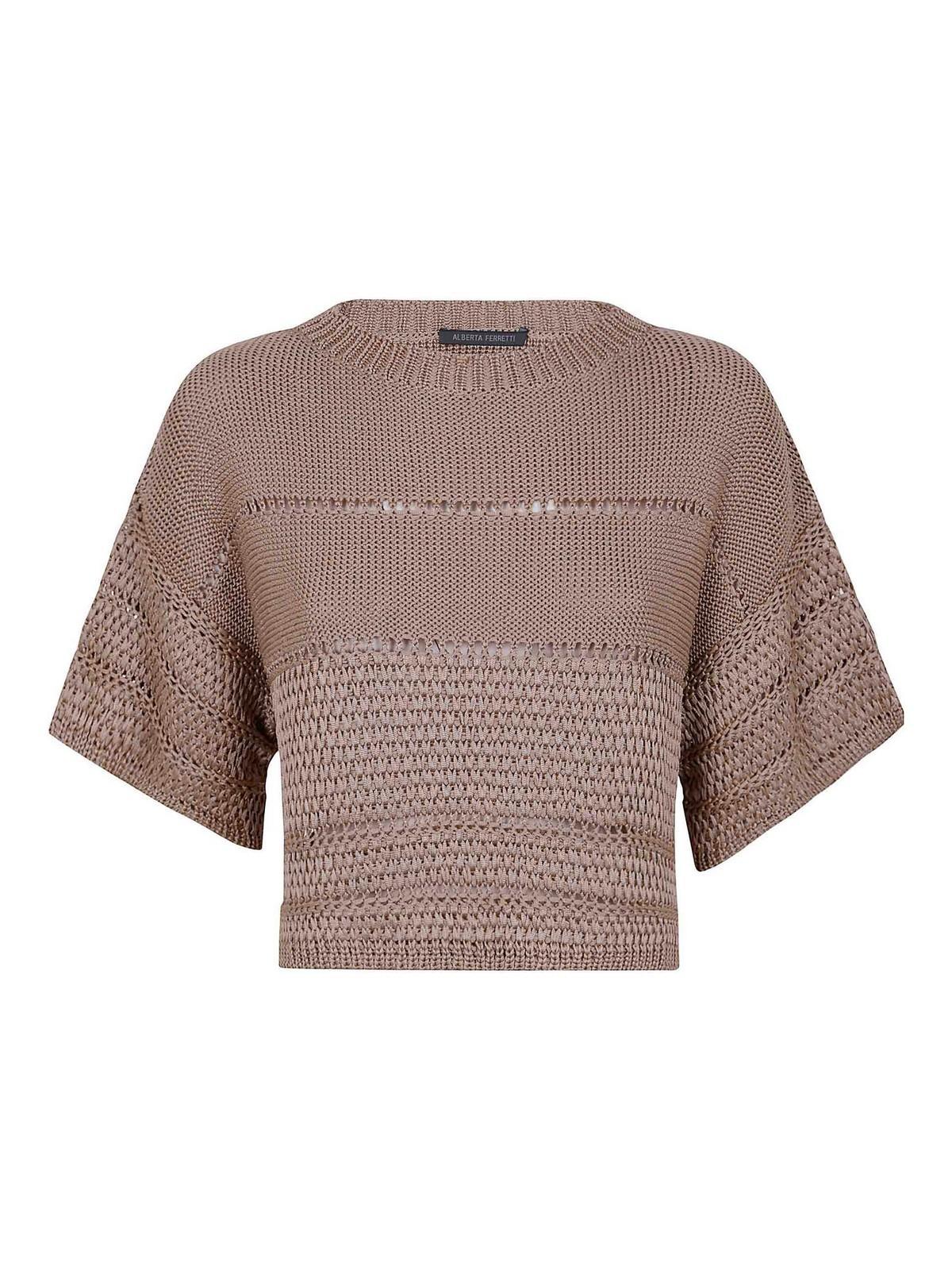 ALBERTA FERRETTI Polished Viscose Ribbon Sweater Round Neck Short Sleeves Clothing In Beige Product Image