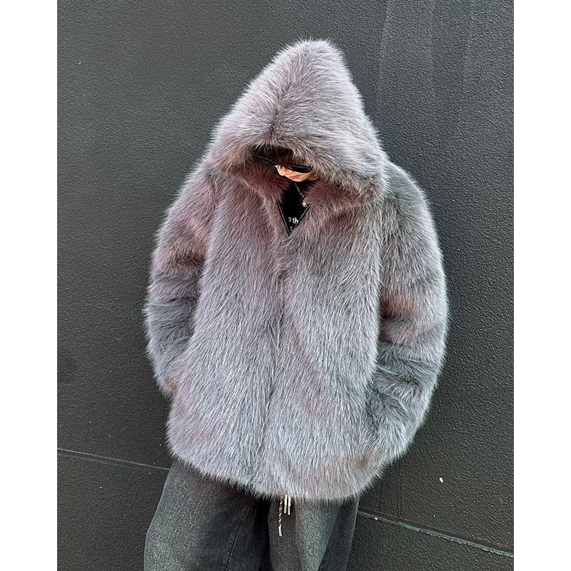 Hooded Plain Faux Fur Zip Coat Product Image