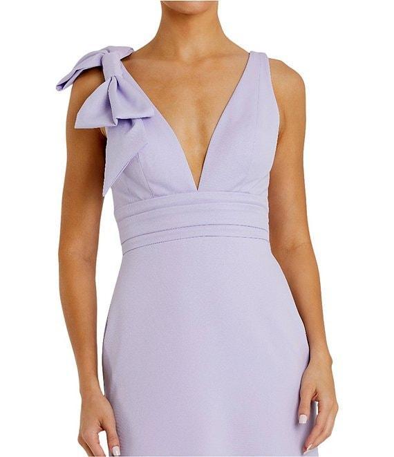 Ieena for Mac Duggal Plunging V-Neck Bow Shoulder Sleeveless Low Back Detail A-line Dress Product Image