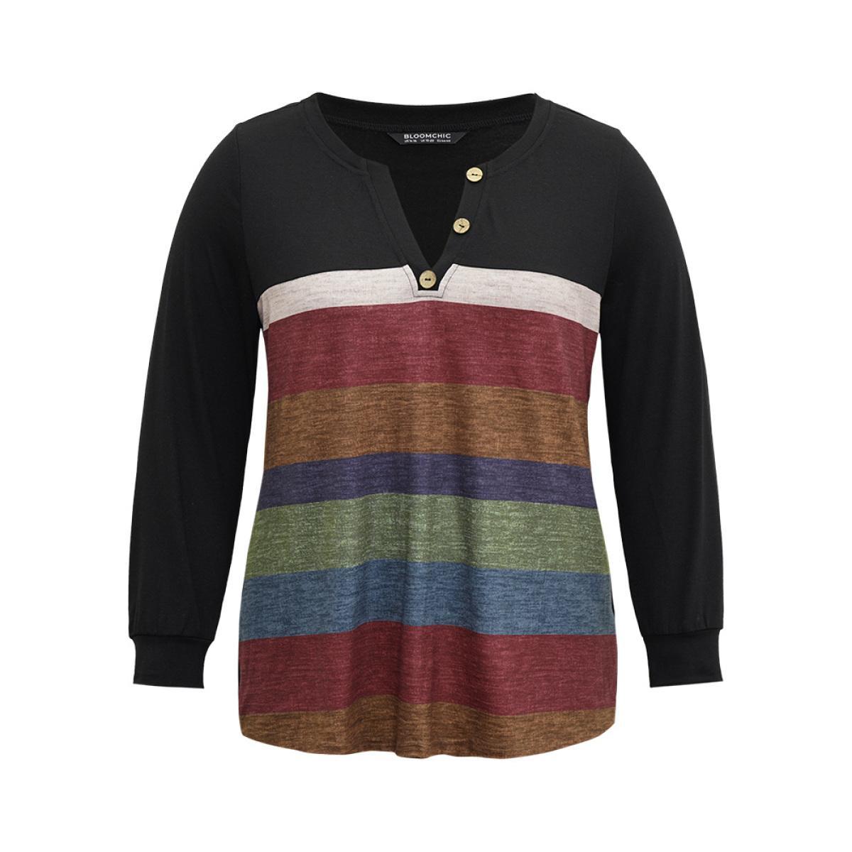 Plus Size Colorblock Contrast Notched Button Detail T-shirt Black Women Casual Contrast Striped Notched collar Dailywear T-shirts BloomChic 22-24/3X Product Image
