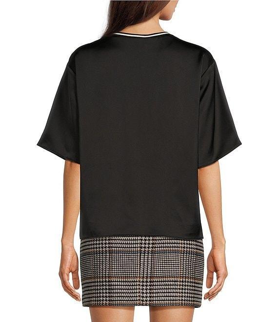 Le' AL.X Woven Satin Contrast Trim Crew Neck Dropped Short Sleeve Side Split Hem Hi-Low Blouse Product Image
