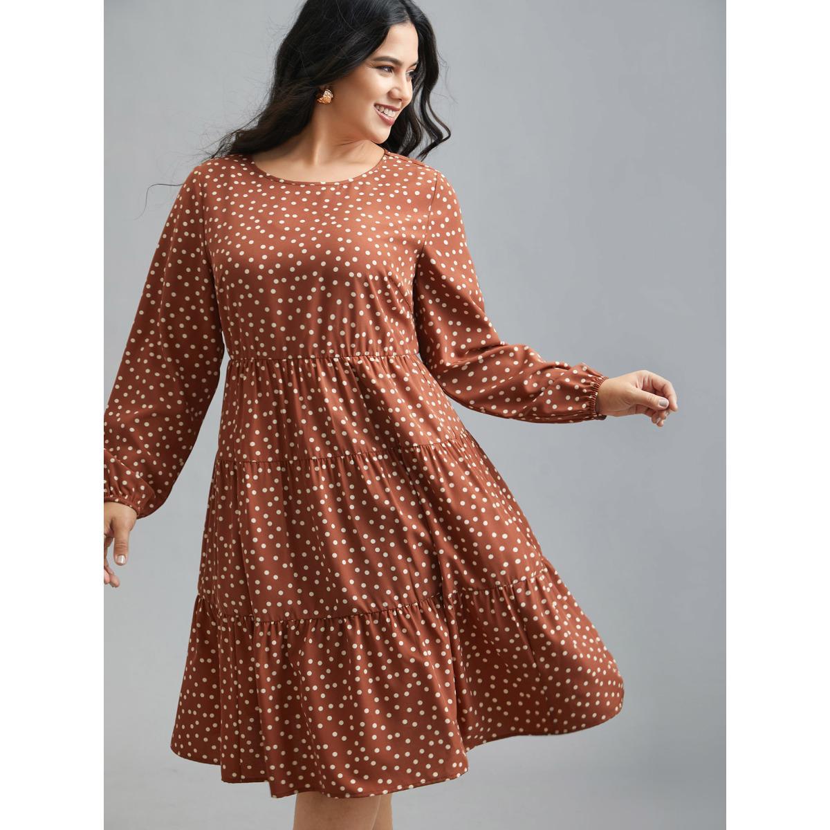 Plus Size Polka Dot Waist-Cinched Tiered Dress Rust Women At the Office Ruffles Round Neck Long Sleeve Curvy BloomChic 22-24/3X Product Image