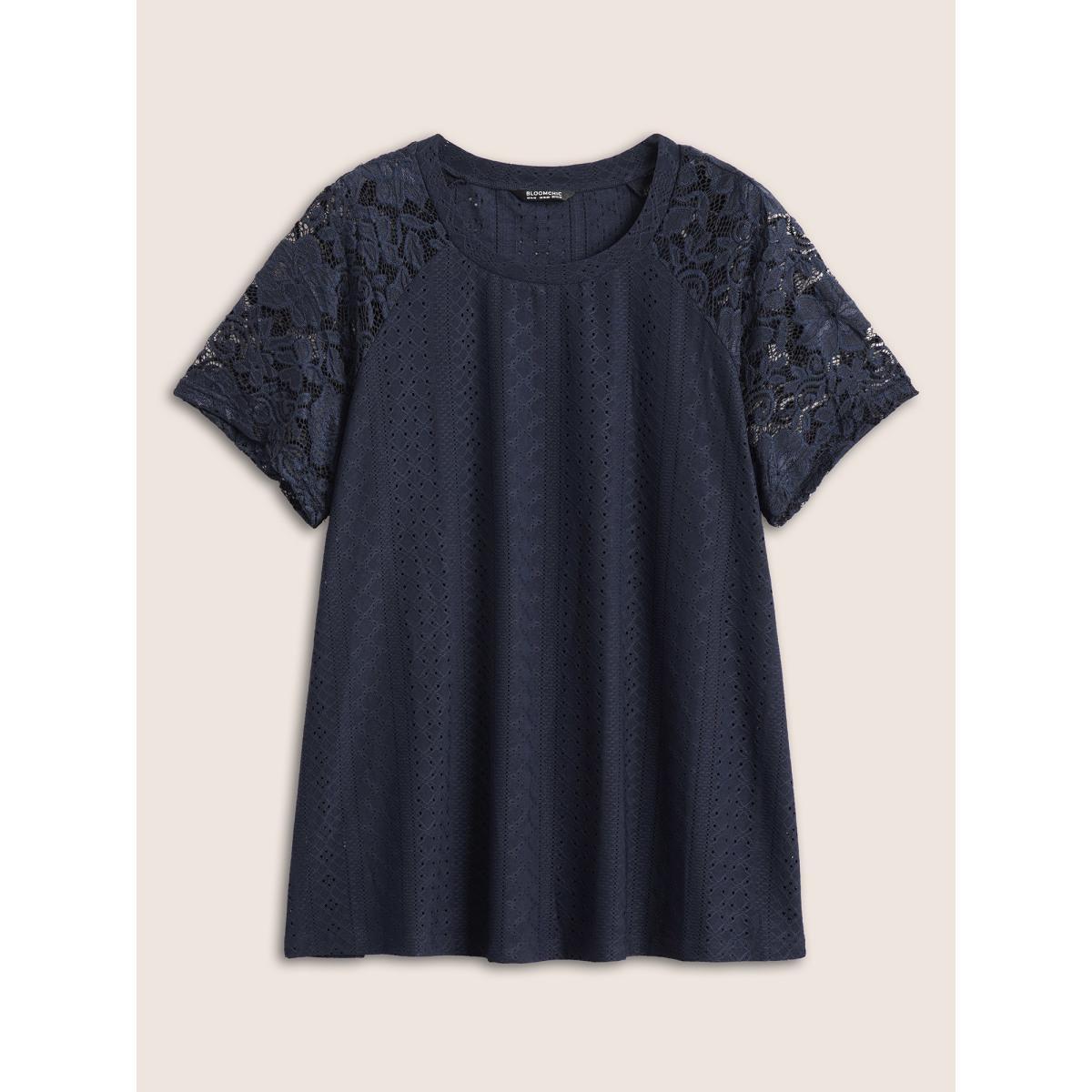Plus Size Solid Broderie Anglaise Lace Raglan Sleeve T-shirt Midnight Women Elegant See through Plain Round Neck Everyday T-shirts BloomChic 30/6X Product Image