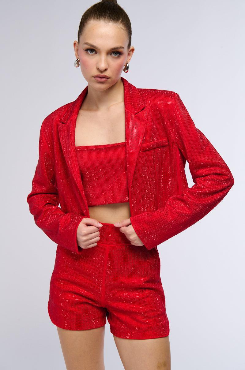 POP STAR HOT FIX RHINESTONE CROPPED BLAZER IN RED Product Image