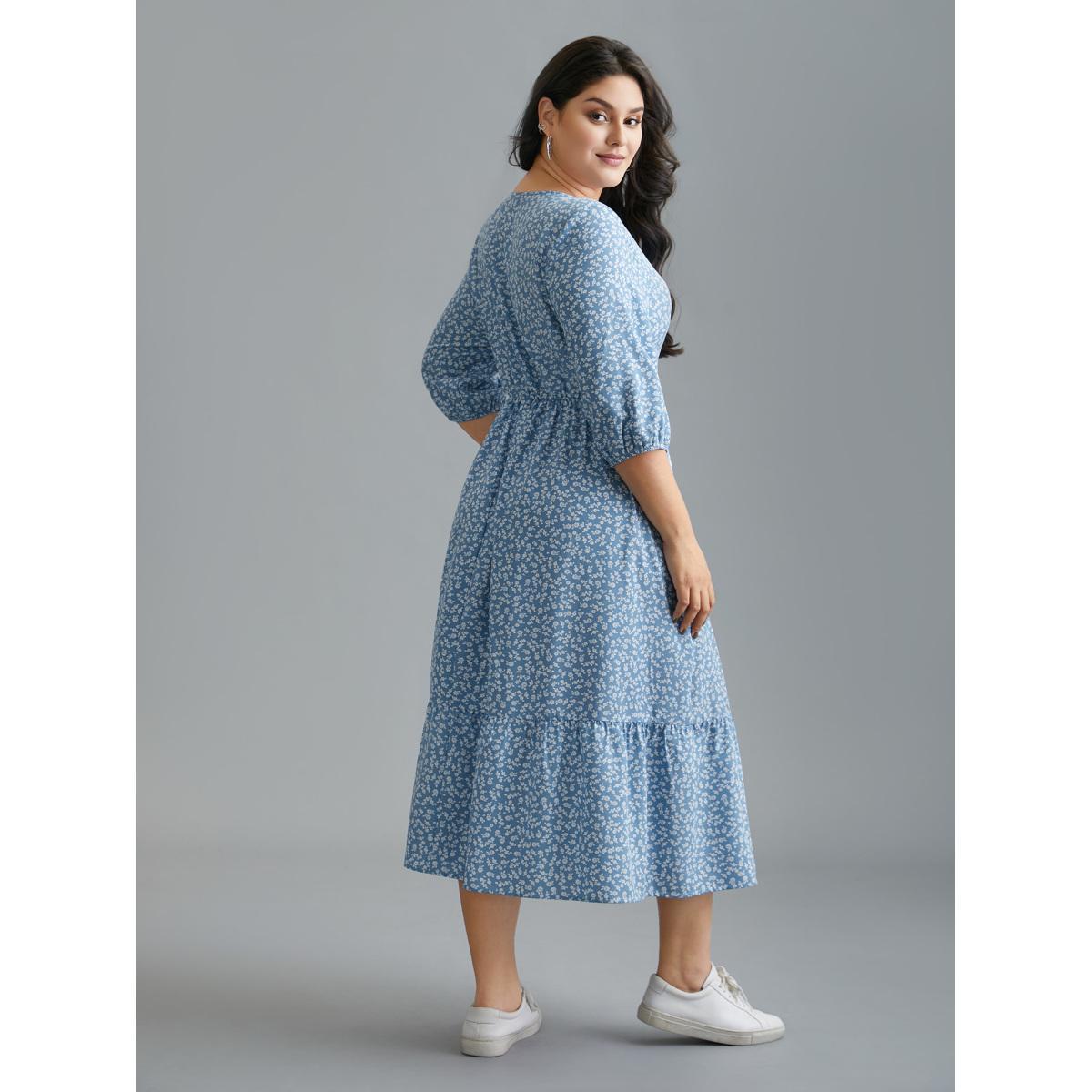 Plus Size Notched Ditsy Floral Button Midi Dress Mediumblue Women Casual Button Notched collar Elbow-length sleeve Curvy BloomChic 10/M Product Image