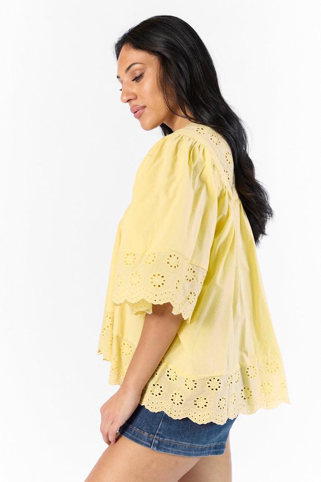 No Regrets Yellow Eyelet Detail Popover Short Sleeve Blouse SALE Product Image