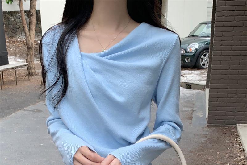 Long-Sleeve Asymmetrical Neck Plain Knit Top Product Image